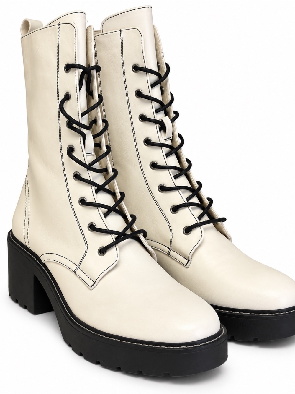 Chinese Laundry White Lace Up Platform Combat Boots Black Heel Size 10